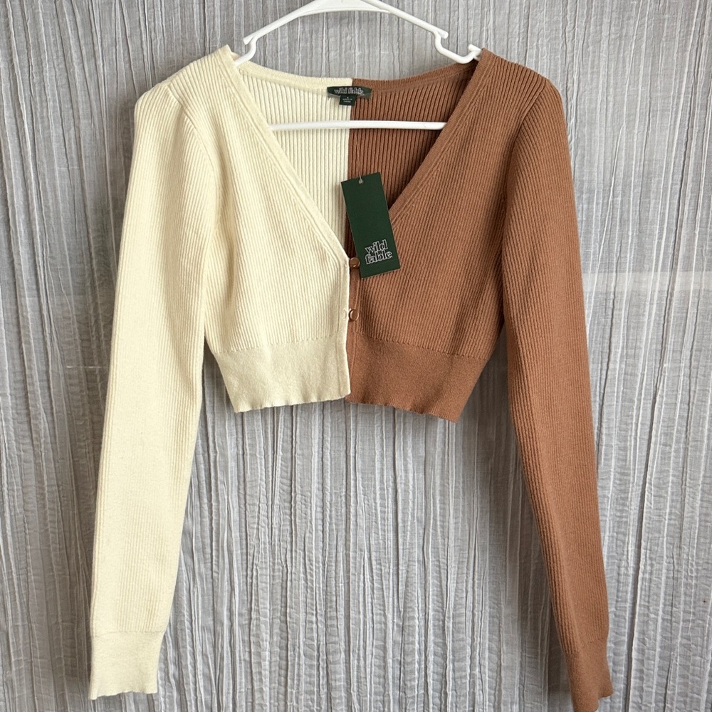 Wild Fable Cream and Brown Ribbed Cardigan